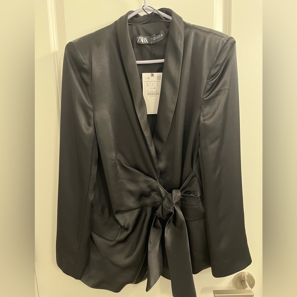 Gorgeous Zara black satin wrap blazer